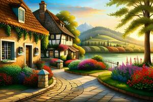 a painting of a village with flowers and houses. AI-Generated photo