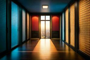 a hallway with wooden floors and a light at the end. AI-Generated photo