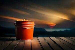 a bucket of oranges on a wooden deck. AI-Generated photo