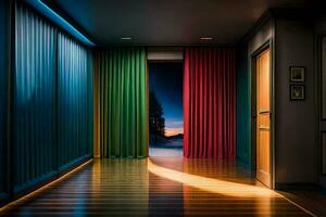 a hallway with colorful curtains and a light shining through. AI-Generated photo