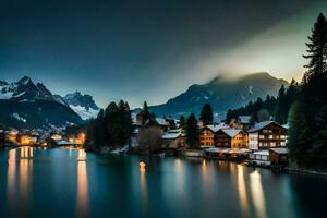 un lago y montaña pueblo a oscuridad. generado por ai foto