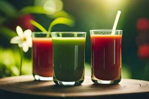 Tres lentes de jugo en un mesa. generado por ai foto