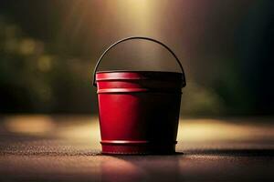 a red bucket sitting on a table with a light shining on it. AI-Generated photo