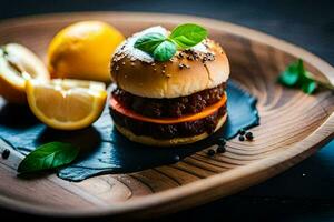 a hamburger on a wooden plate with lemon slices. AI-Generated photo