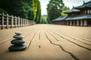 a stone stack sits on the ground in front of a building. AI-Generated photo