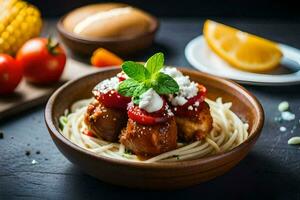 chicken meatballs in a bowl with pasta and tomatoes. AI-Generated photo