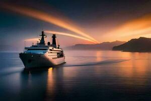 un grande yate navegación en el Oceano a puesta de sol. generado por ai foto