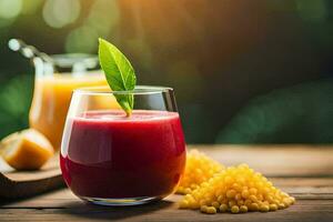 a glass of juice with a green leaf on top. AI-Generated photo