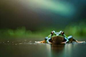 a frog sitting on the ground in the rain. AI-Generated photo