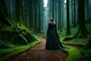 a woman in a long dress standing in the middle of a forest. AI-Generated photo