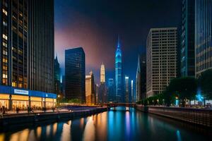 the chicago river at night. AI-Generated photo