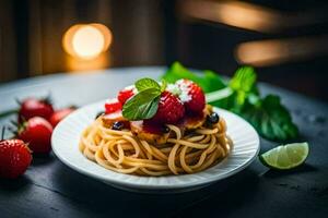 spaghetti with tomato sauce and fresh strawberries on a plate. AI-Generated photo