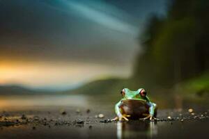 a frog sitting on the ground at sunset. AI-Generated photo