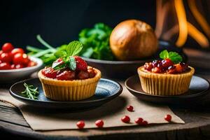 two small cupcakes with berries and herbs on a table. AI-Generated photo