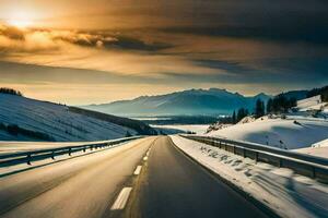 a road in the mountains with snow and sun. AI-Generated photo