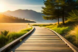 a wooden path leads to a lake in the middle of a field. AI-Generated photo