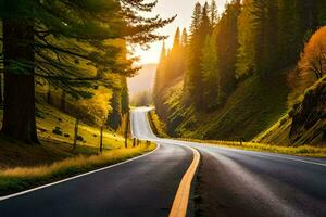 an empty road in the mountains with trees and sun. AI-Generated photo