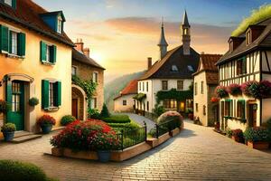 photo wallpaper the sky, houses, flowers, sunset, the village, the town, the village. AI-Generated