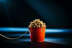 a bucket filled with peanuts on a dark background. AI-Generated photo