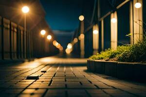 a walkway at night with lights on it. AI-Generated photo