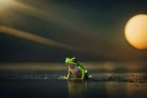 a frog sitting on the ground in front of a bright sun. AI-Generated photo