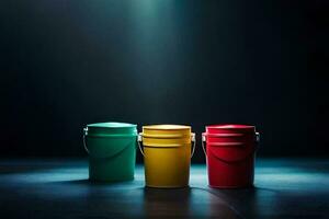 three colorful buckets on a dark floor. AI-Generated photo