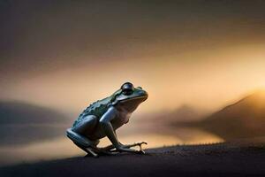 a frog sitting on the ground with the sun in the background. AI-Generated photo