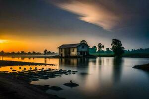 un casa se sienta en el apuntalar de un lago a puesta de sol. generado por ai foto