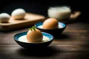 eggs in a bowl with milk and a wooden spoon. AI-Generated photo