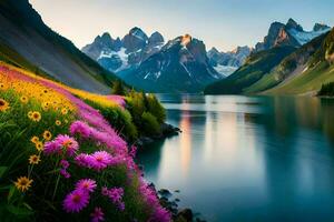 the flowers are blooming in the mountains and the water is reflecting the sun. AI-Generated photo