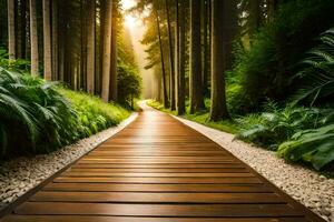 a wooden path in the middle of a forest. AI-Generated photo