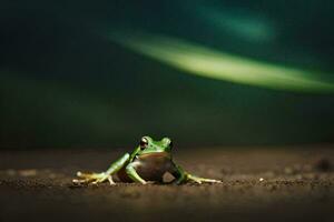 a frog sitting on the ground in front of a green background. AI-Generated photo