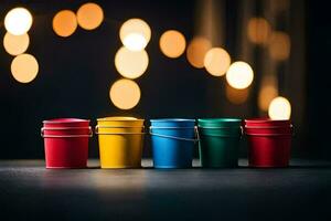 colorful buckets on a dark table with bokeh lights. AI-Generated photo