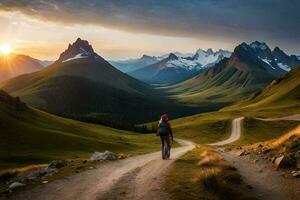 un persona caminando en un suciedad la carretera en el montañas. generado por ai foto