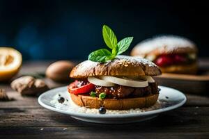 a hamburger with cheese, tomatoes and herbs on a white plate. AI-Generated photo