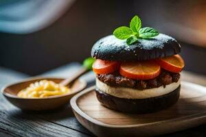 a burger with cheese, tomatoes and mint on a wooden plate. AI-Generated photo