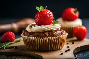 cupcakes with strawberries and cream on a wooden table. AI-Generated photo