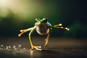 a frog is jumping on the ground. AI-Generated photo