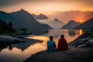 the couple is sitting on the edge of the lake and looking at the sunset. AI-Generated photo