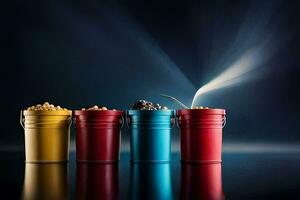 four colorful buckets with a spoon and a spoon. AI-Generated photo