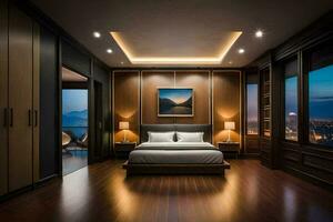 a bedroom with wooden floors and a large bed. AI-Generated photo