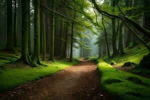 un camino mediante un verde bosque con arboles y musgo. generado por ai foto