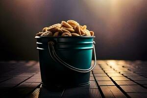 a bucket filled with nuts on a wooden table. AI-Generated photo