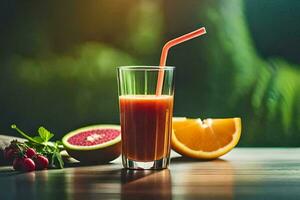 un vaso de jugo con un naranja y pomelo. generado por ai foto