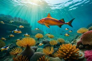 a fish swims over a coral reef with many fish. AI-Generated photo
