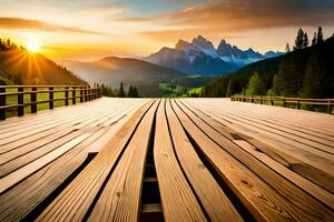 wooden walkway in the mountains with sun setting. AI-Generated photo