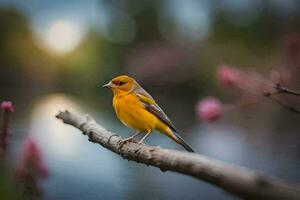 a yellow bird sits on a branch near a lake. AI-Generated photo