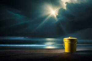 un amarillo Cubeta se sienta en el playa debajo un oscuro cielo. generado por ai foto