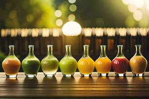 a row of different colored juices in bottles. AI-Generated photo