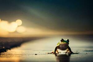 a frog is standing on the beach at sunset. AI-Generated photo